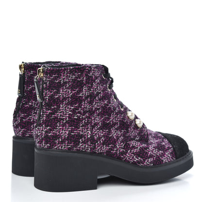 Chanel Tweed Pearl Combat Short Boots 37 Purple Black 4 of 8