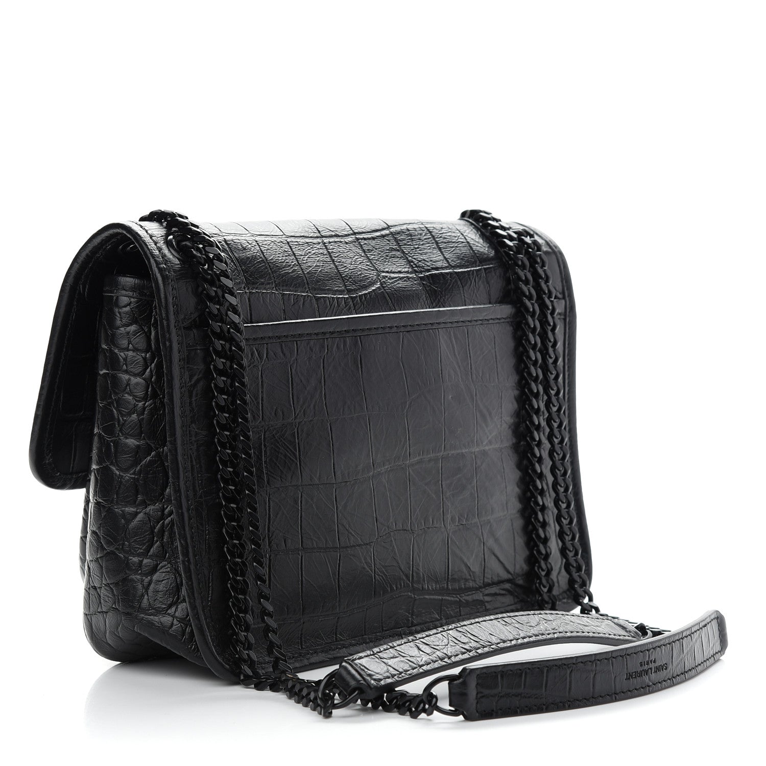 Saint Laurent Calfskin Crocodile Embossed Matelasse Monogram Baby Niki Chain Satchel Black 3 of 9