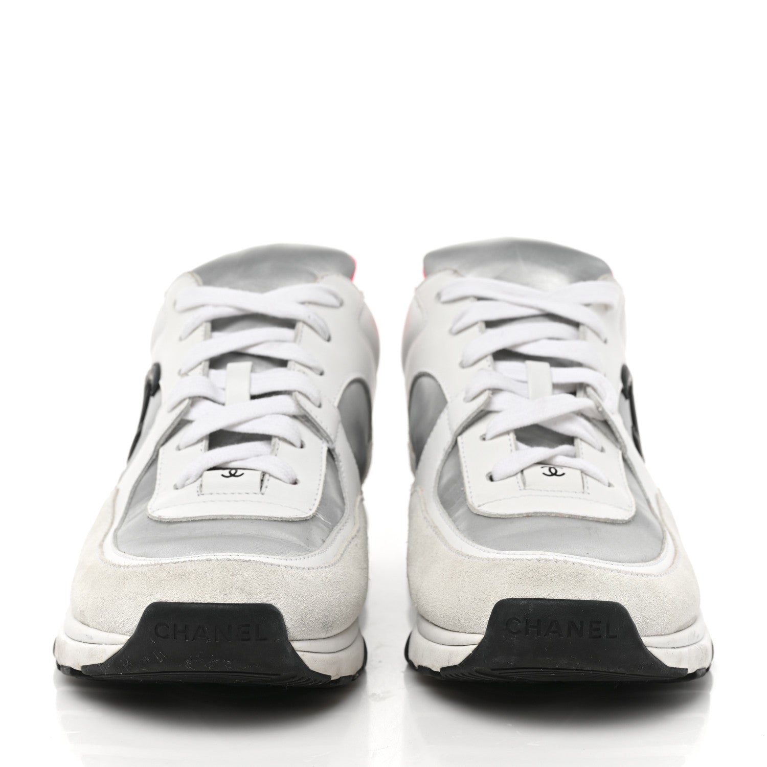 Chanel Calfskin Fabric Sneakers 37.5 White Silver Fluo Pink 2 of 8