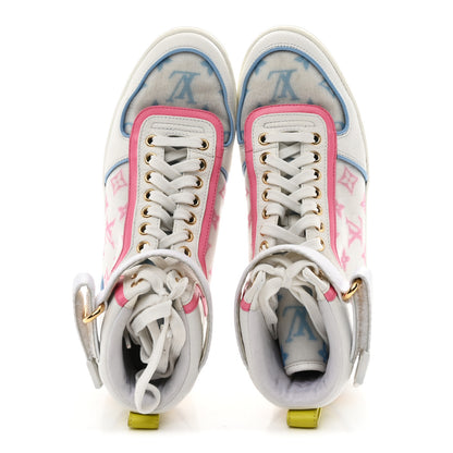 Louis Vuitton Calfskin Nylon Mesh Monogram Womens Boombox High Top Sneakers 37 Bleu Rose 2 of 10