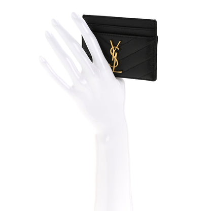 Saint Laurent Grain De Poudre Matelasse Chevron Monogram Credit Card Case Black 2 of 9