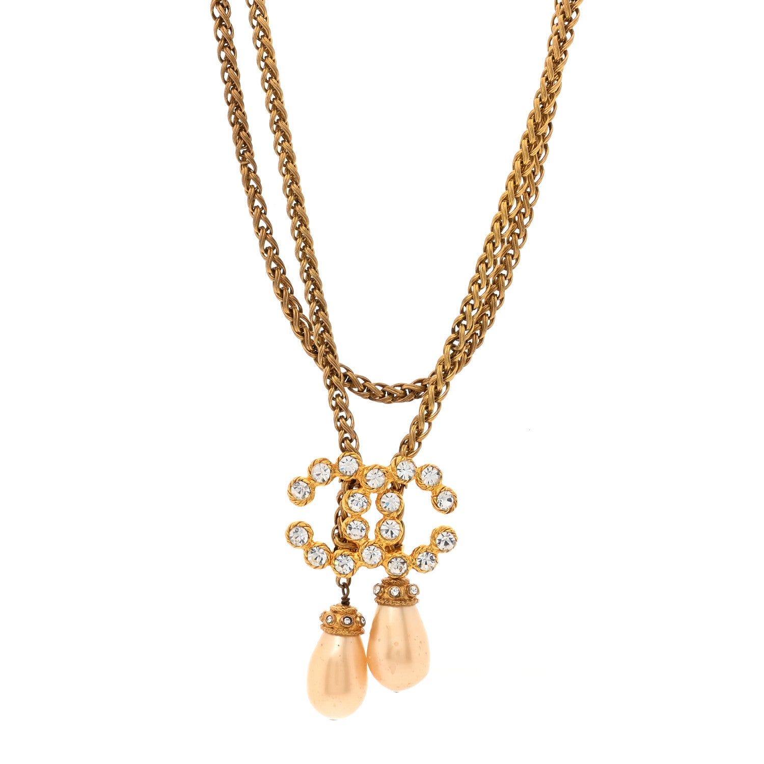 Chanel Pearl Crystal Chain CC Bolo Necklace Gold 1 of 6