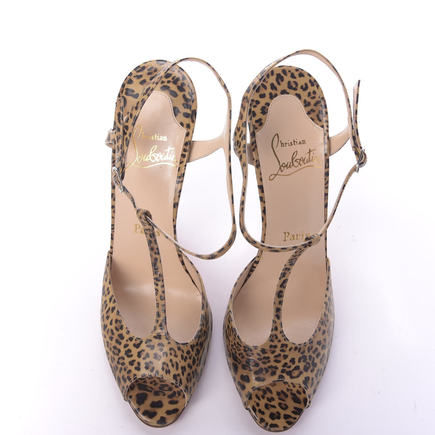 Patent Leopard Print Ernesta 120 T-Strap Sandals 38.5 Brown