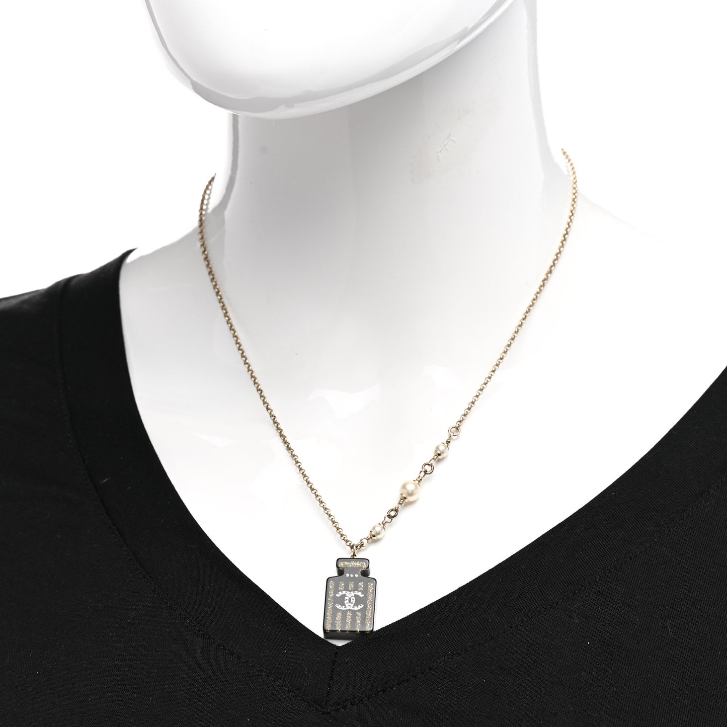 Resin Strass Pearl Perfume Bottle CC Necklace Black Gold