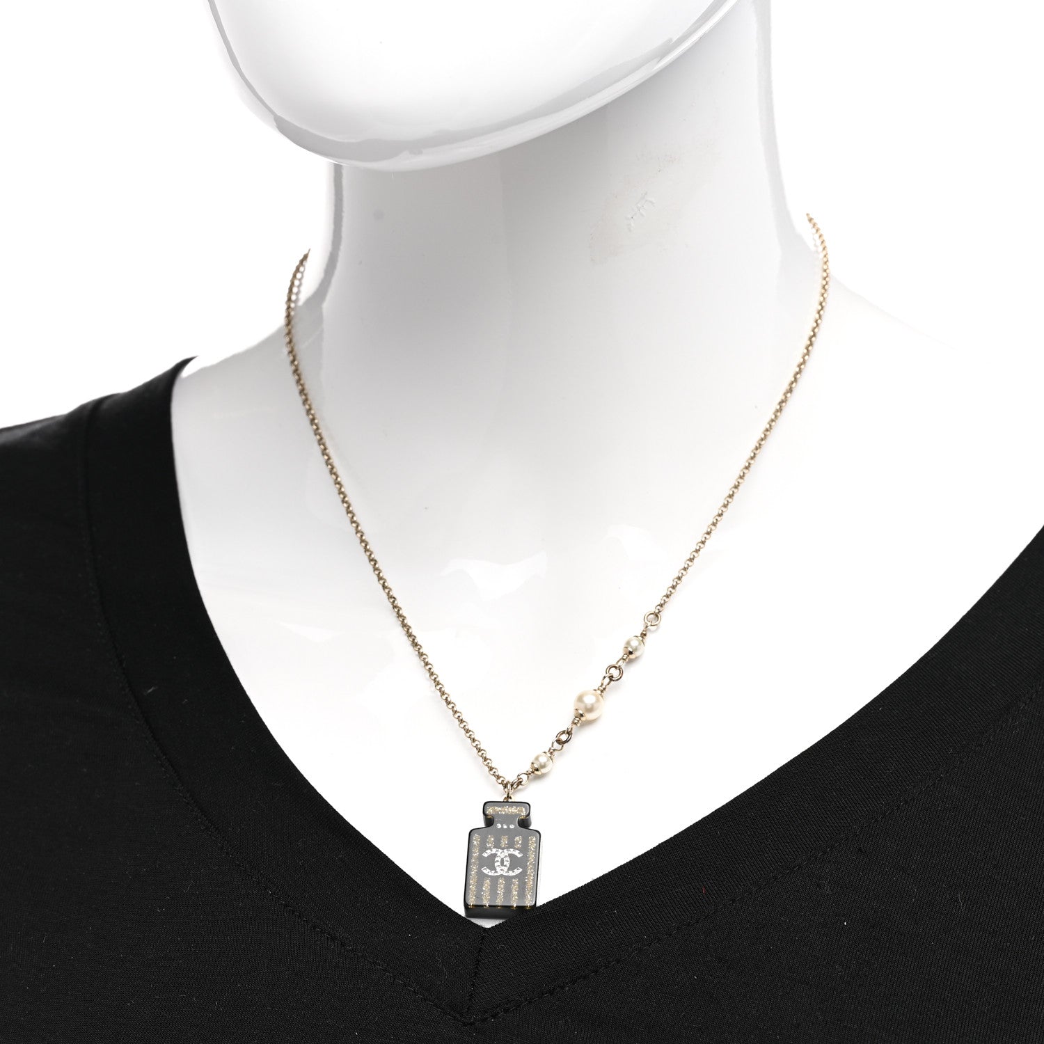 Chanel Resin Strass Pearl Perfume Bottle CC Necklace Black Gold 2 of 6