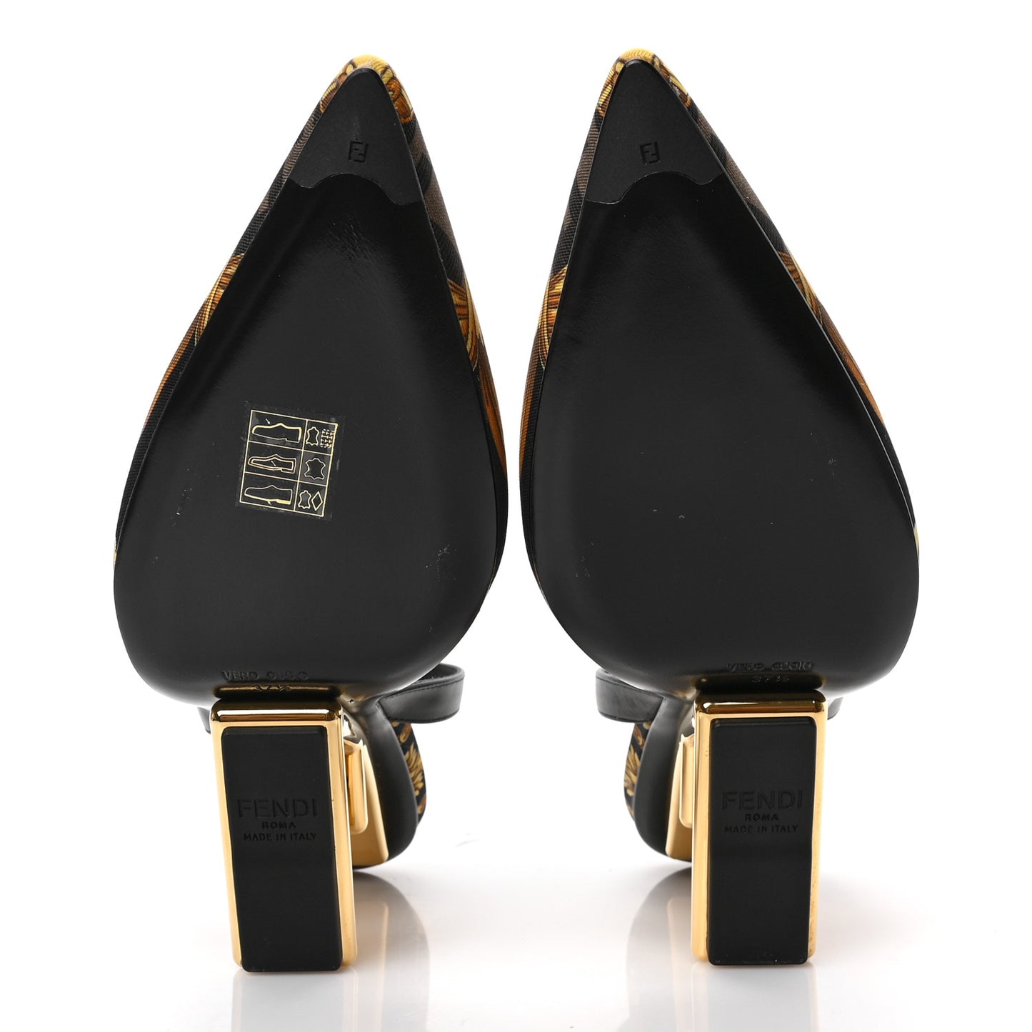 X VERSACE Silk Calfskin Fendace Fendi First 95mm Slingback Sandals 37.5 Tobacco Black Gold