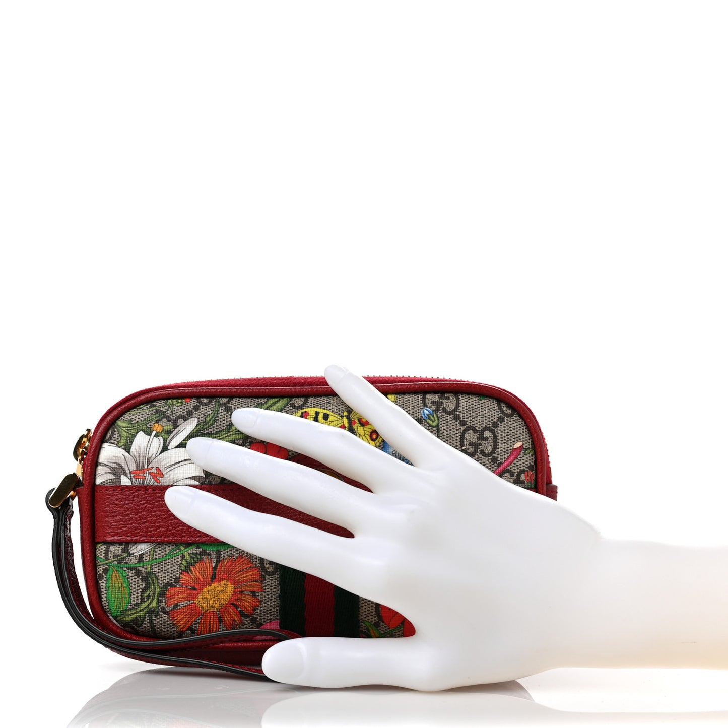 GG Supreme Monogram Flora Web Ophidia Wristlet Bag Red