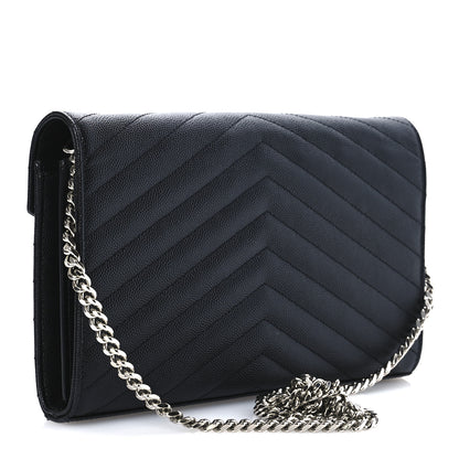 Saint Laurent Grain De Poudre Matelasse Chevron Monogram Chain Wallet Black 3 of 12