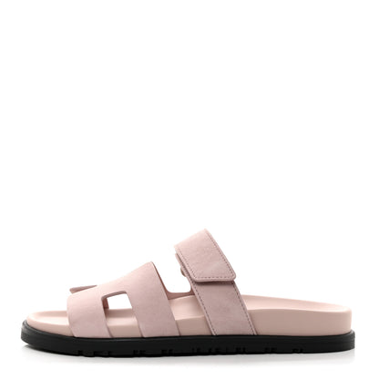 Hermes Suede Goatskin Womens Chypre Sandals 37 Rose Porcelaine 1 of 9