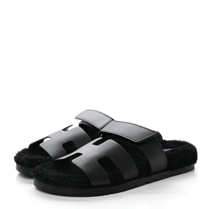 Hermes Calfskin Woolskin Womens Chypre Sandals 39.5 Black 3 of 10