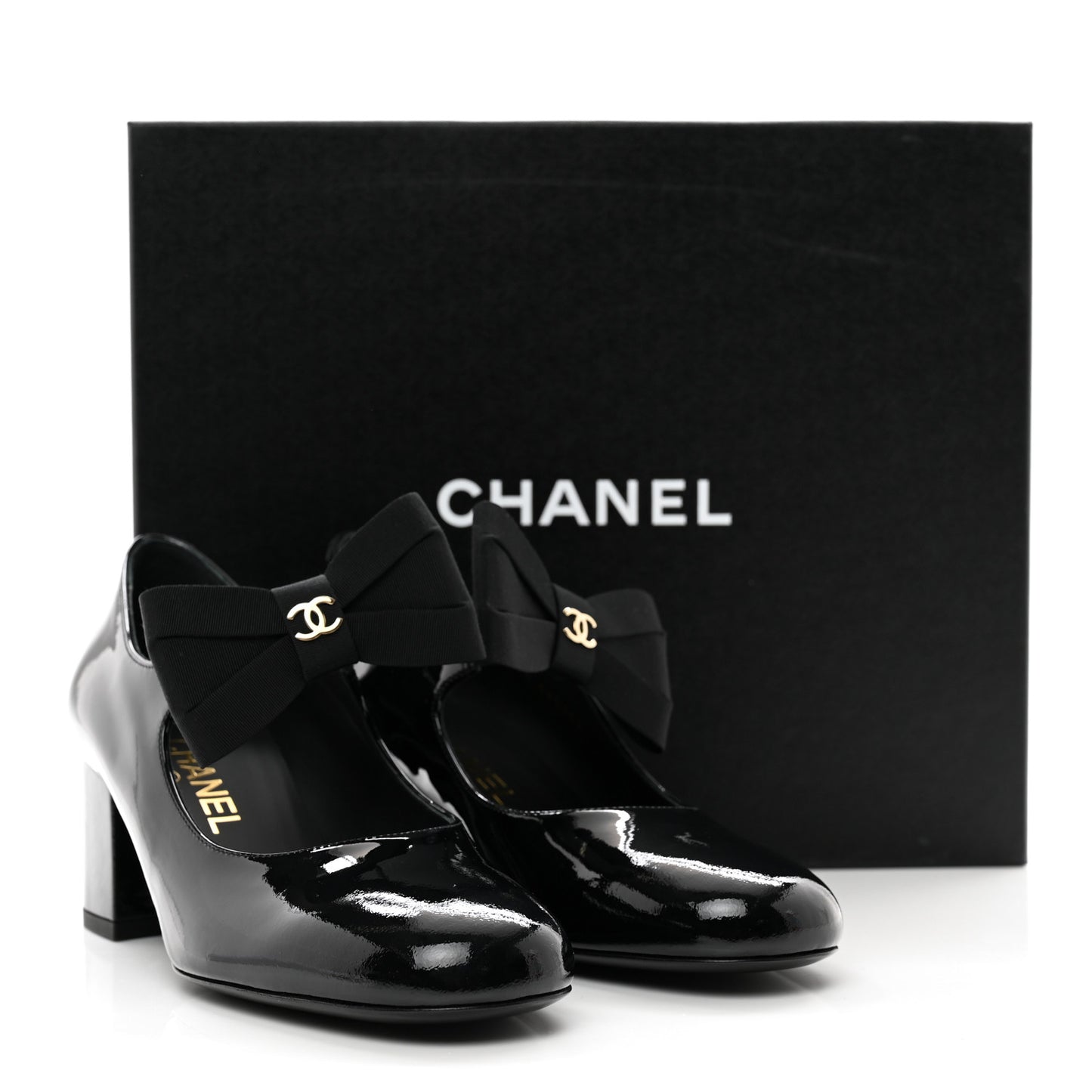 Patent Calfskin Grosgrain CC Mary Jane Pumps 37.5 Black