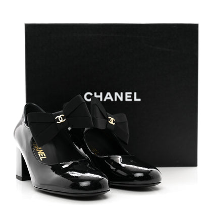 Chanel Patent Calfskin Grosgrain CC Mary Jane Pumps 37.5 Black 9 of 9