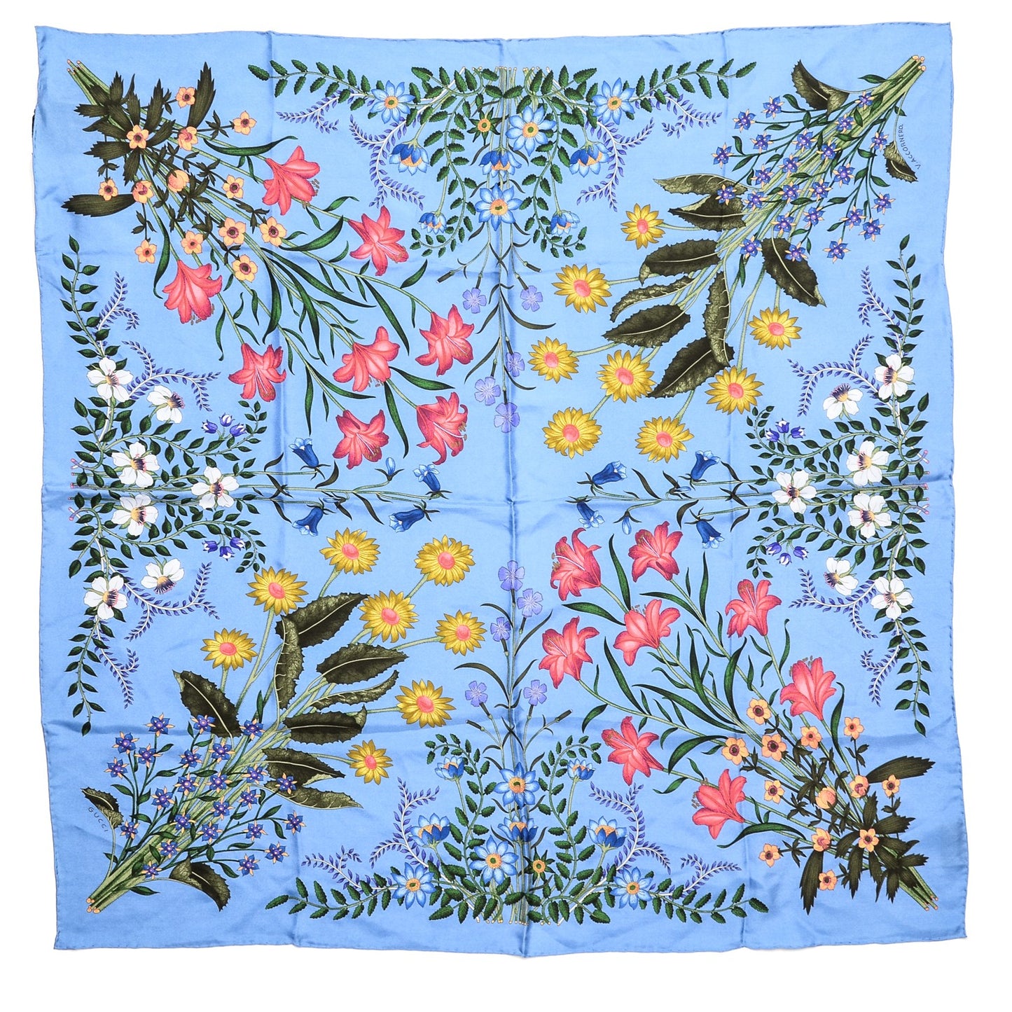 Silk Twill New Flora Square Scarf Bluette