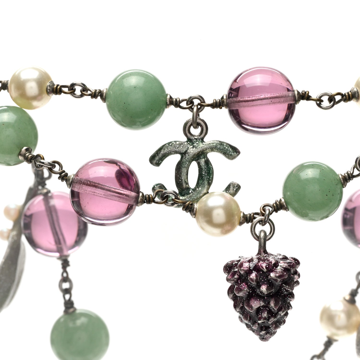 Chanel Pearl Bead CC Double Strand Charm Necklace Silver 4 of 5