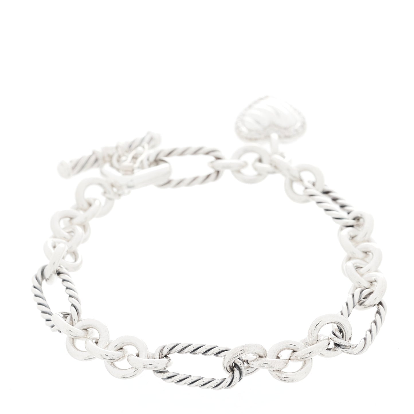 Sterling Silver Diamond Cable Heart Charm Bracelet