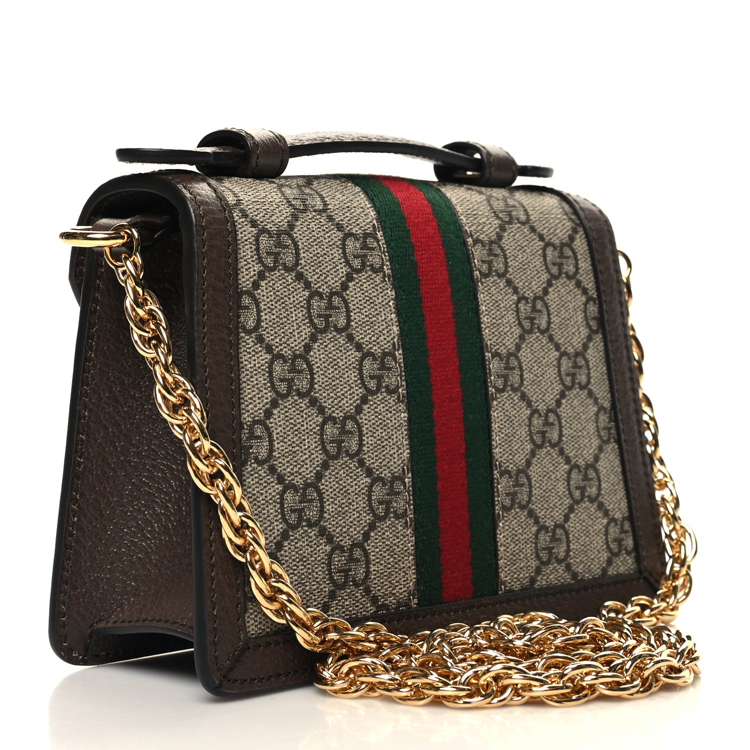 Gucci GG Supreme Monogram Textured Dollar Calfskin Web Mini Ophidia Padlock Top Handle Chain Shoulder Bag Beige Ebony New Acero 3 of 9