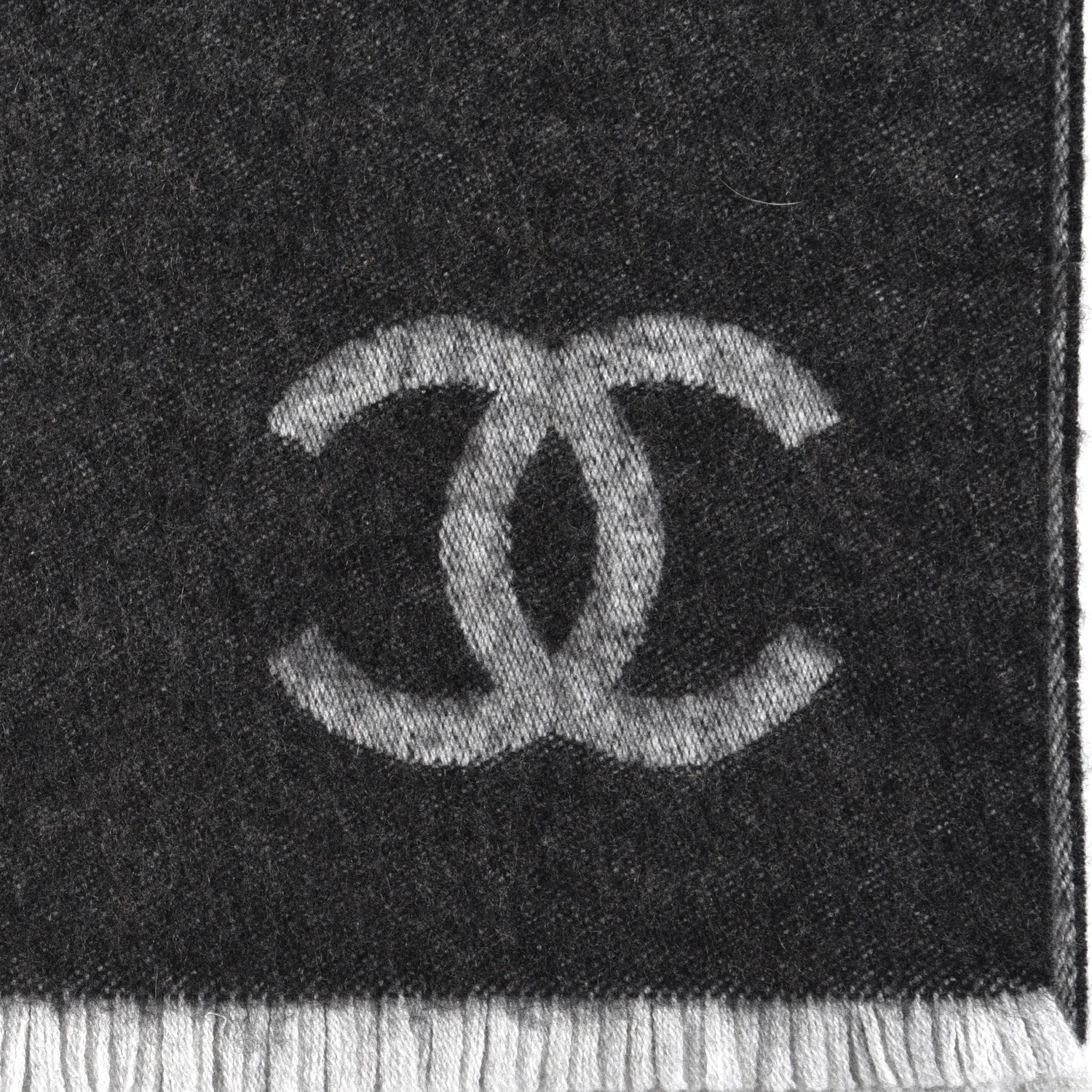 Chanel Cashmere Silk CC Logo Fringe Scarf Black Grey 3 of 4