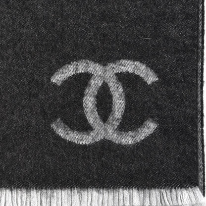 Chanel Cashmere Silk CC Logo Fringe Scarf Black Grey 3 of 4