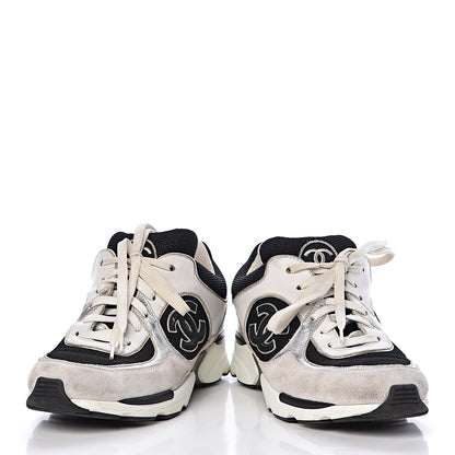 Chanel Suede Calfskin Womens CC Sneakers 37 Black White Silver 6 of 9