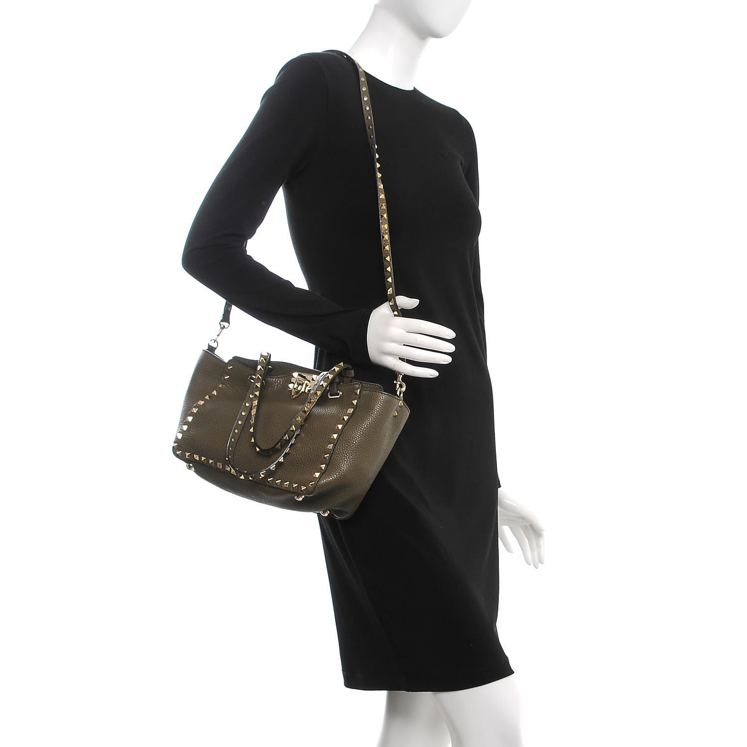 Valentino Garavani Pebbled Calfskin Small Rockstud Tote Army Green 2 of 8