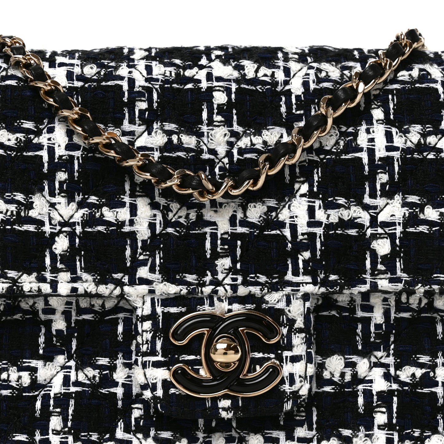 Tweed Resin Quilted Mini Heart Square Flap Navy White Black