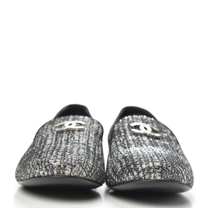 Chanel Fantasy Fabric Grosgrain CC Mocassin Loafers 39 Silver Black 2 of 9