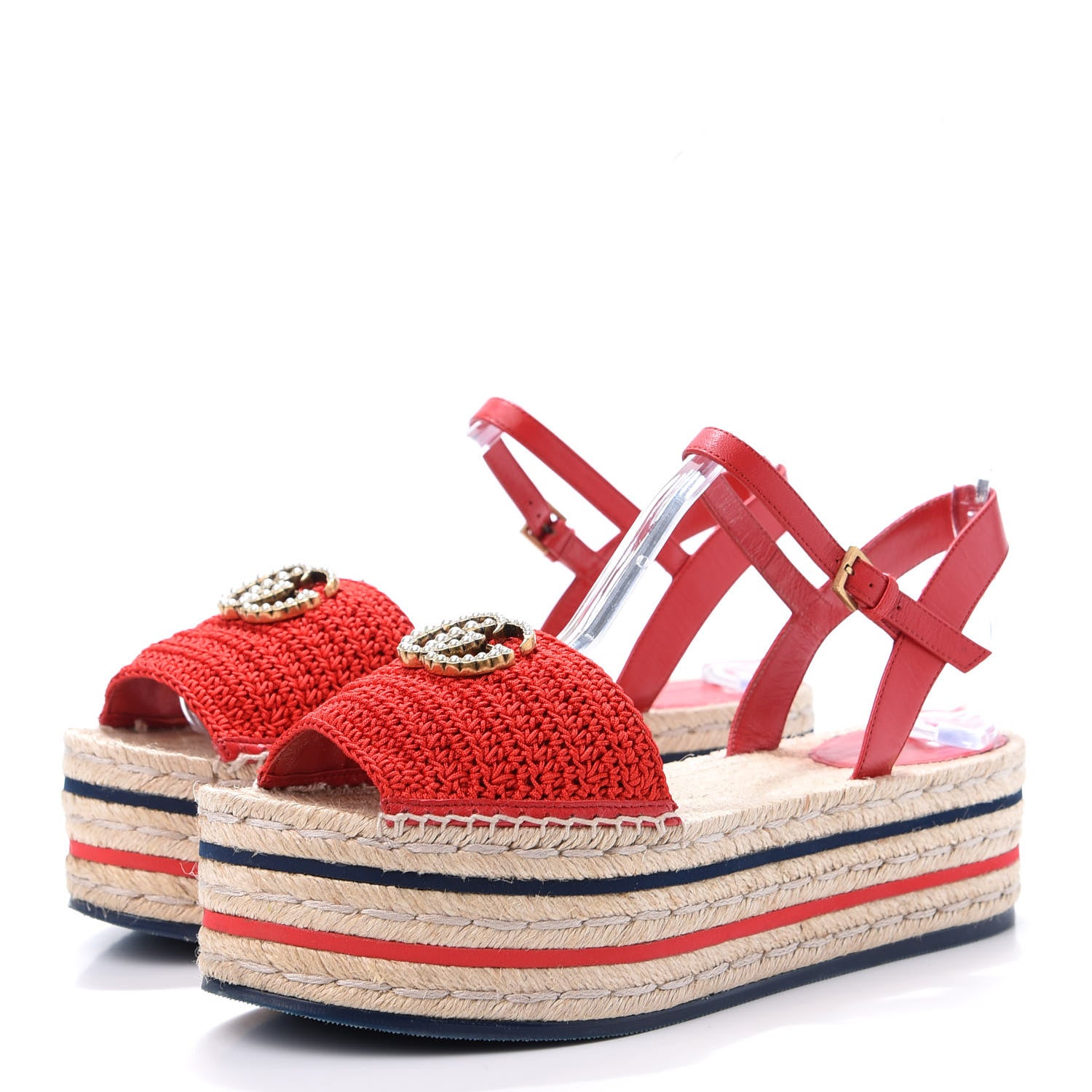 Gucci Cotton Malaga Kid Crochet Pearly GG Lilibeth Espadrille Platform Sandals 40 Hibiscus Red 3 of 9