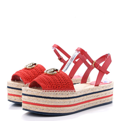 Gucci Cotton Malaga Kid Crochet Pearly GG Lilibeth Espadrille Platform Sandals 40 Hibiscus Red 3 of 9