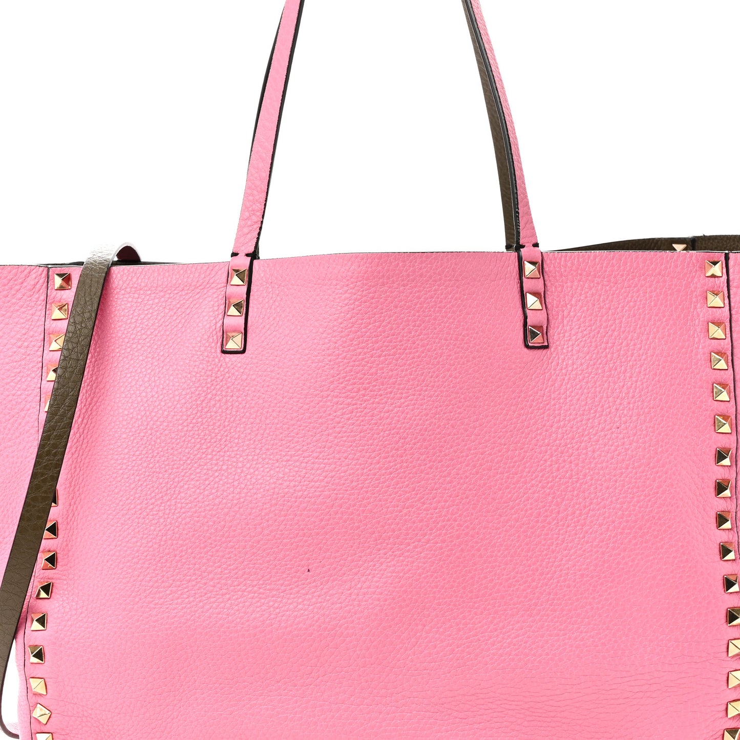 Grained Calfskin Medium Rockstud Reversible Tote Army Green Pink