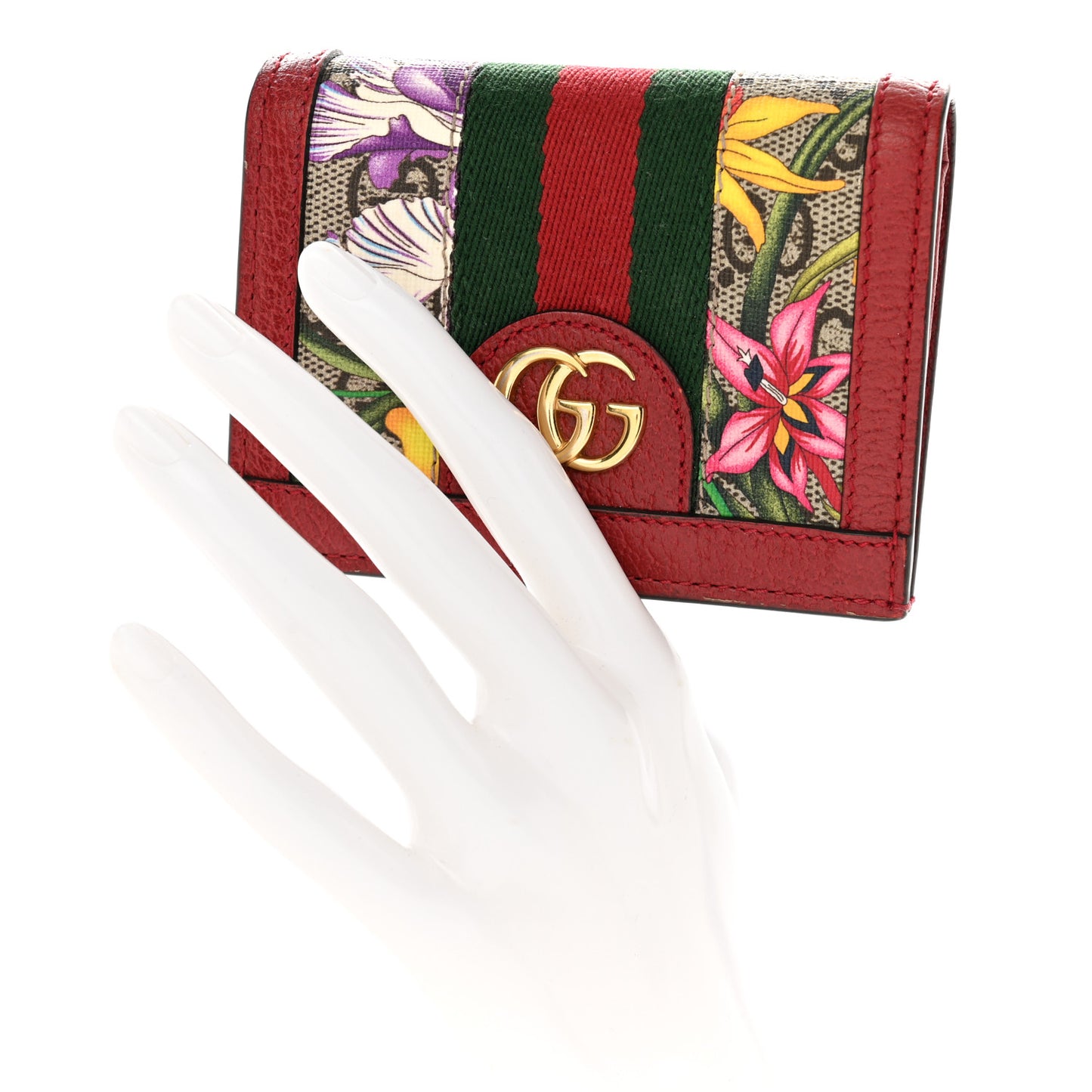 GG Supreme Monogram Flora Web Ophidia Card Case Red