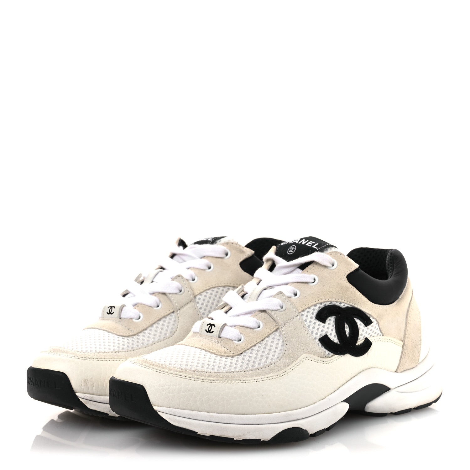 Chanel Mesh Suede Calfskin Grained Calfskin Womens CC Sneakers 37 White Black 4 of 13