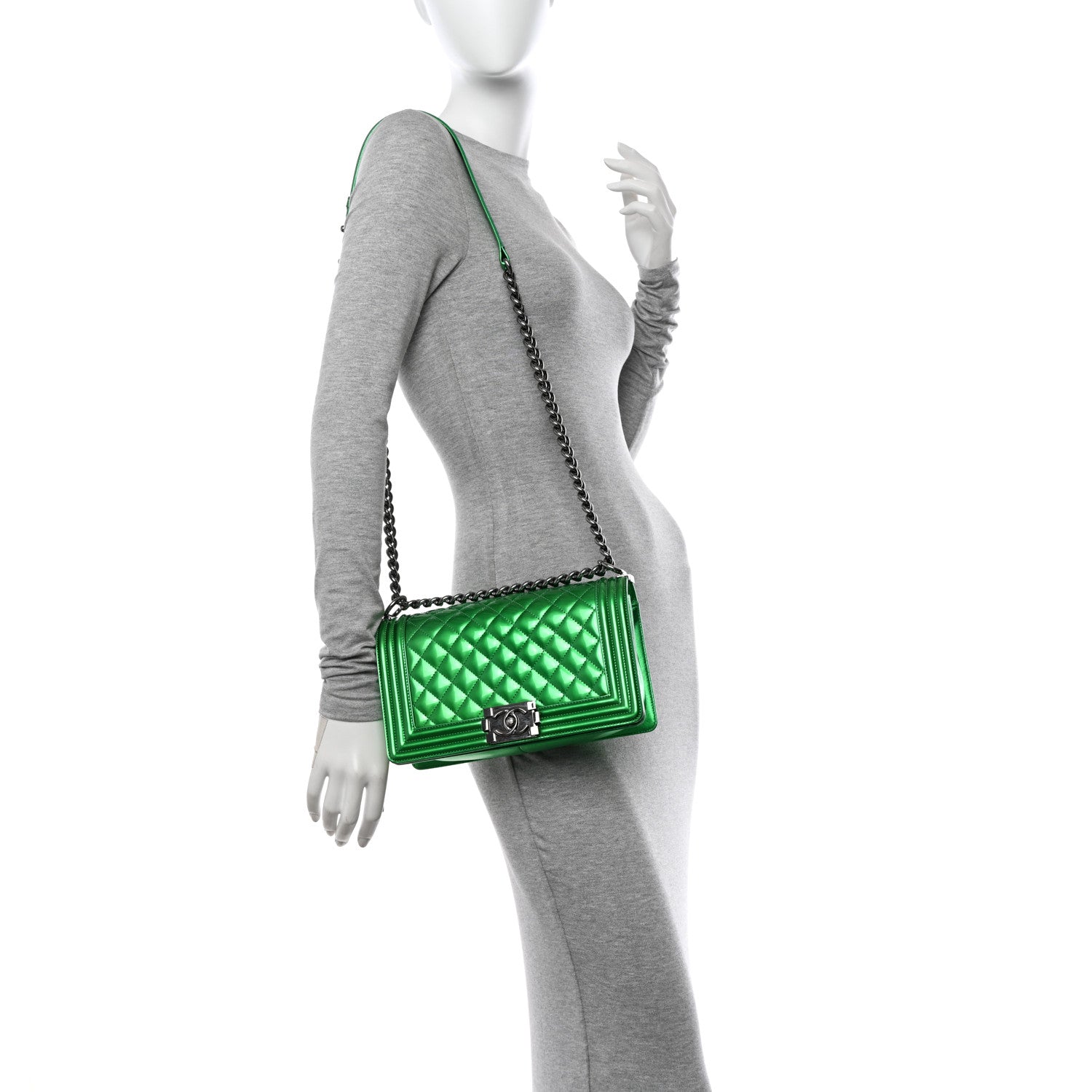 Chanel Metallic Patent Calfskin Quilted Medium Boy Flap Green 2 of 12