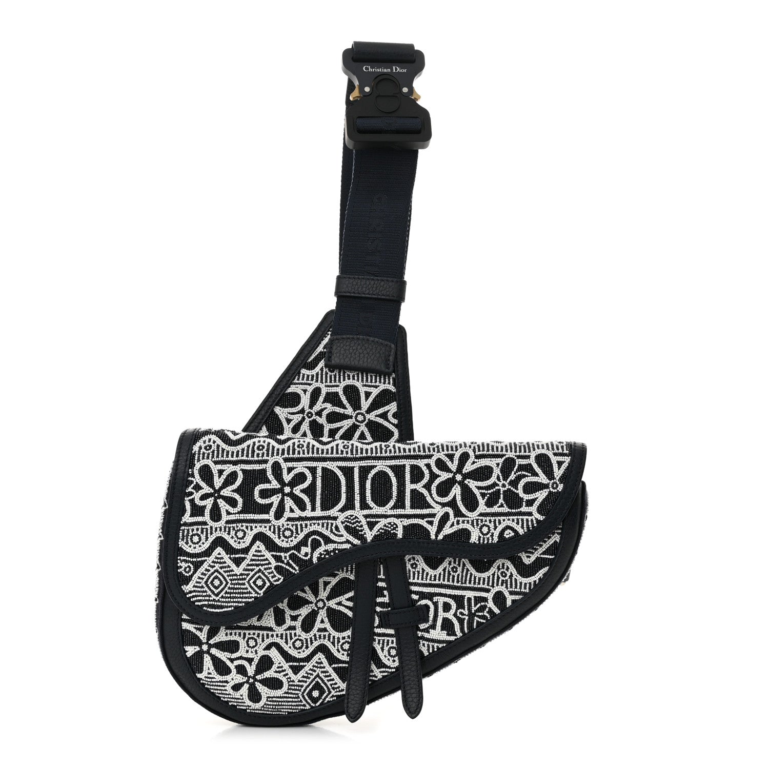 Christian Dior X SHAWN STUSSY Grained Calfskin Beaded Flower Saddle Bag Blue White 1 of 10