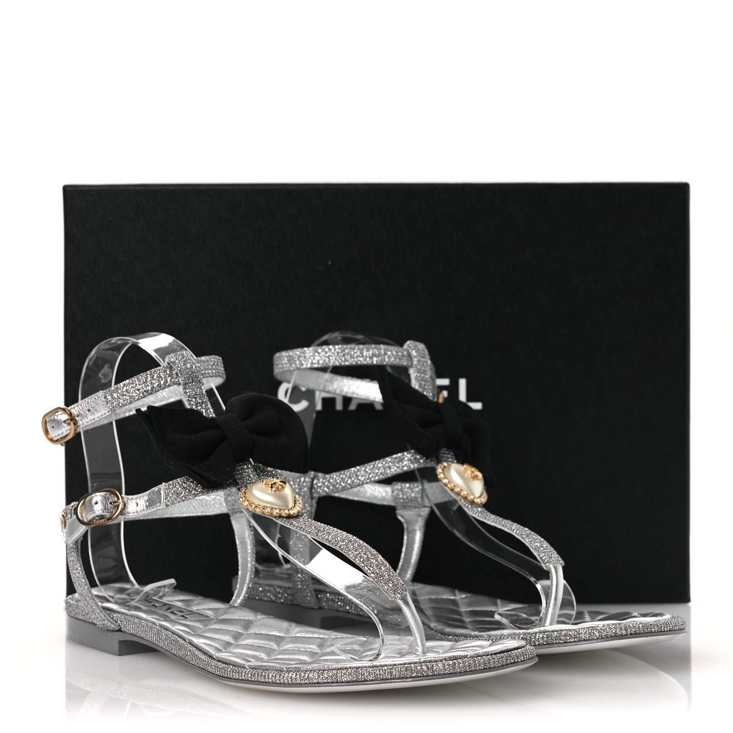 Fabric Grosgrain Pearl Crystal Thong Sandals 40 Silver Black