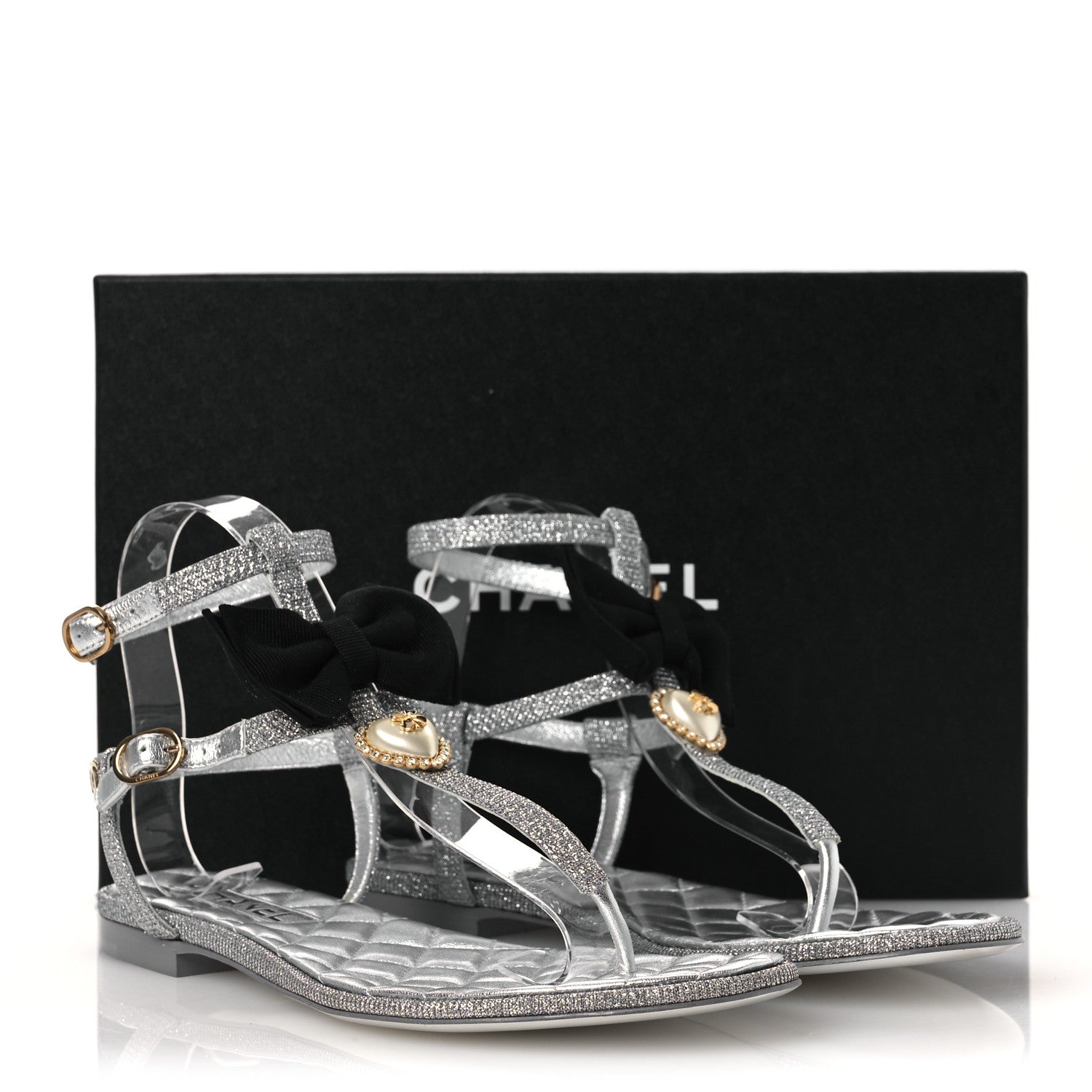 Chanel Fabric Grosgrain Pearl Crystal Thong Sandals 40 Silver Black 11 of 11