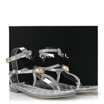 Chanel Fabric Grosgrain Pearl Crystal Thong Sandals 40 Silver Black 11 of 11
