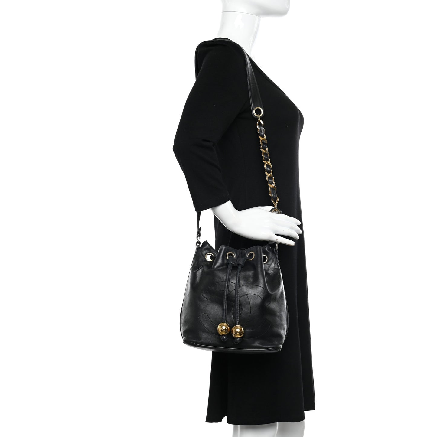 Lambskin CC Stitched Drawstring Bucket Bag Black