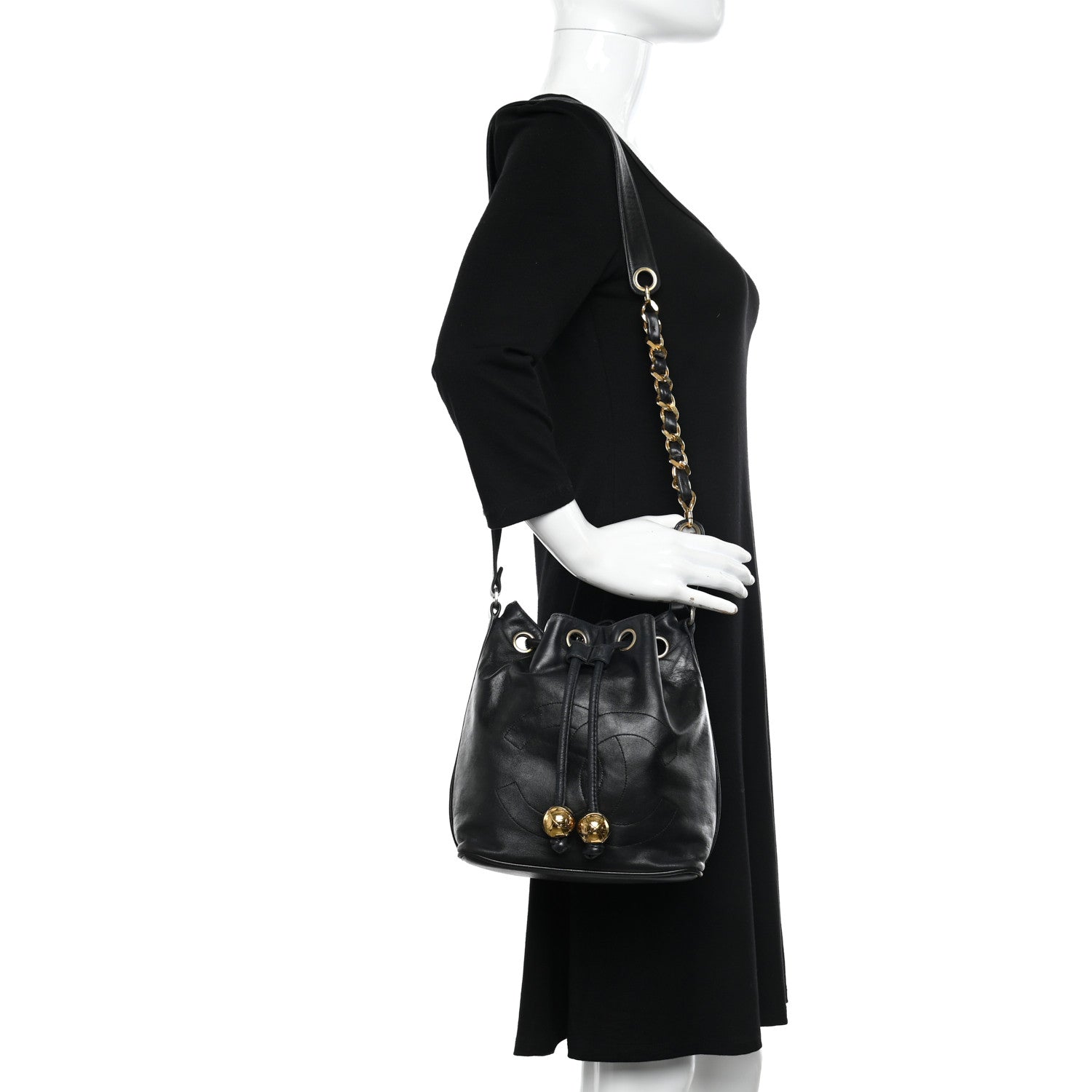 Chanel Lambskin CC Stitched Drawstring Bucket Bag Black 2 of 12