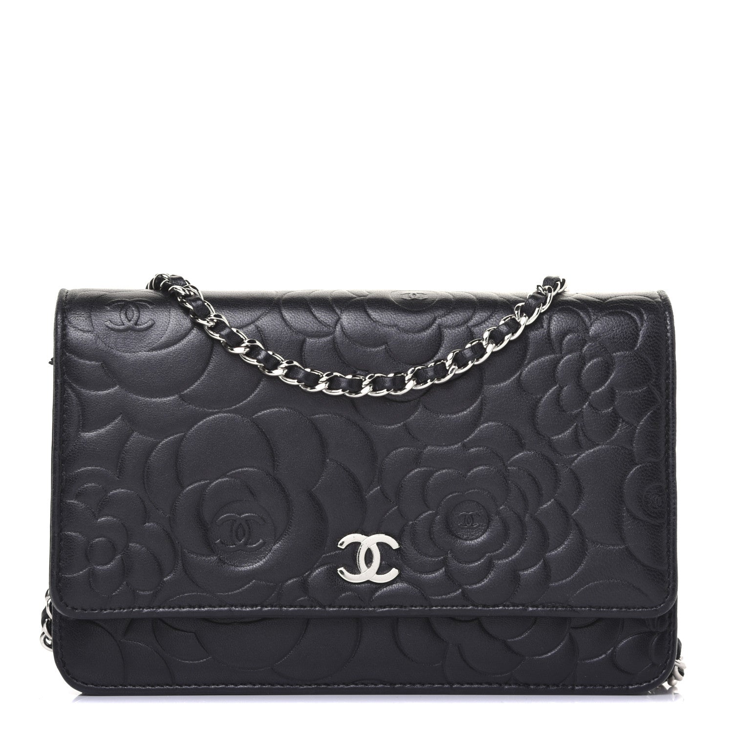 Chanel Lambskin Camellia Embossed Wallet on Chain WOC Black 1 of 16