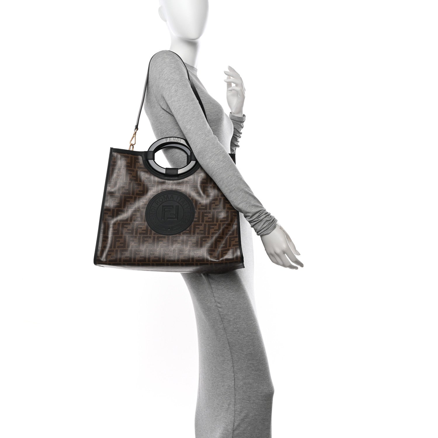 Fendi Glazed Fabric Vitello Century Plexiglass FF 1974 Stamp Patch Medium Runaway Shopper Tote Mogano Panna Black 2 of 12
