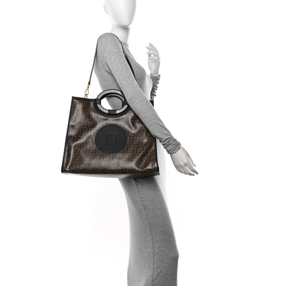 Fendi Glazed Fabric Vitello Century Plexiglass FF 1974 Stamp Patch Medium Runaway Shopper Tote Mogano Panna Black 2 of 12