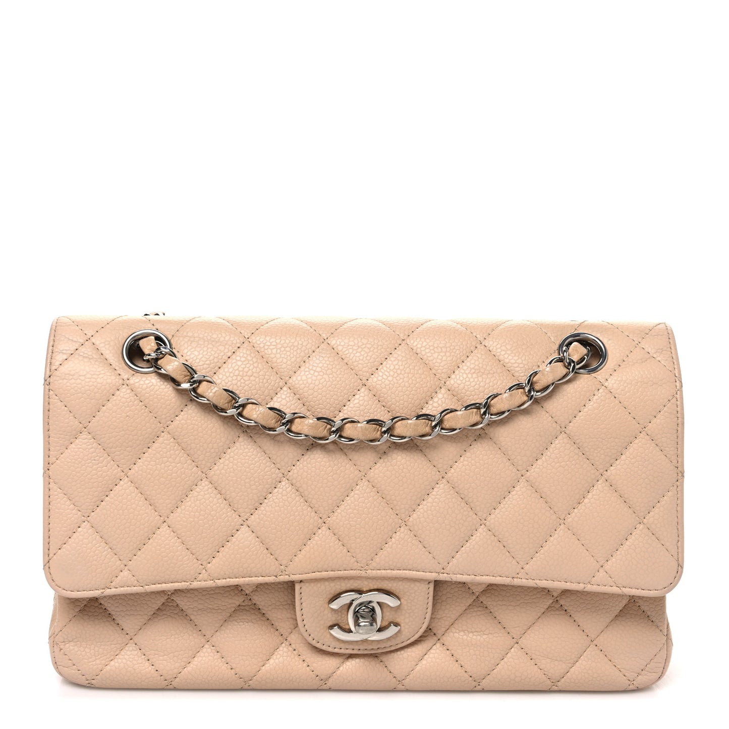 Caviar Quilted Medium Double Flap Beige