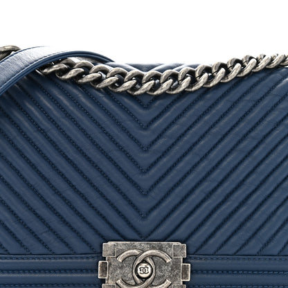 Chanel Calfskin Chevron Quilted Medium Boy Flap Dark Navy Blue 8 of 12