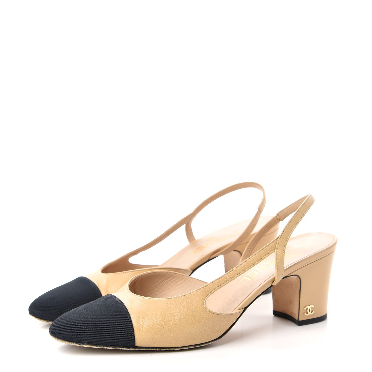 Chanel Goatskin Grosgrain Cap Toe CC Slingback Pumps 39.5 Beige Black 3 of 14