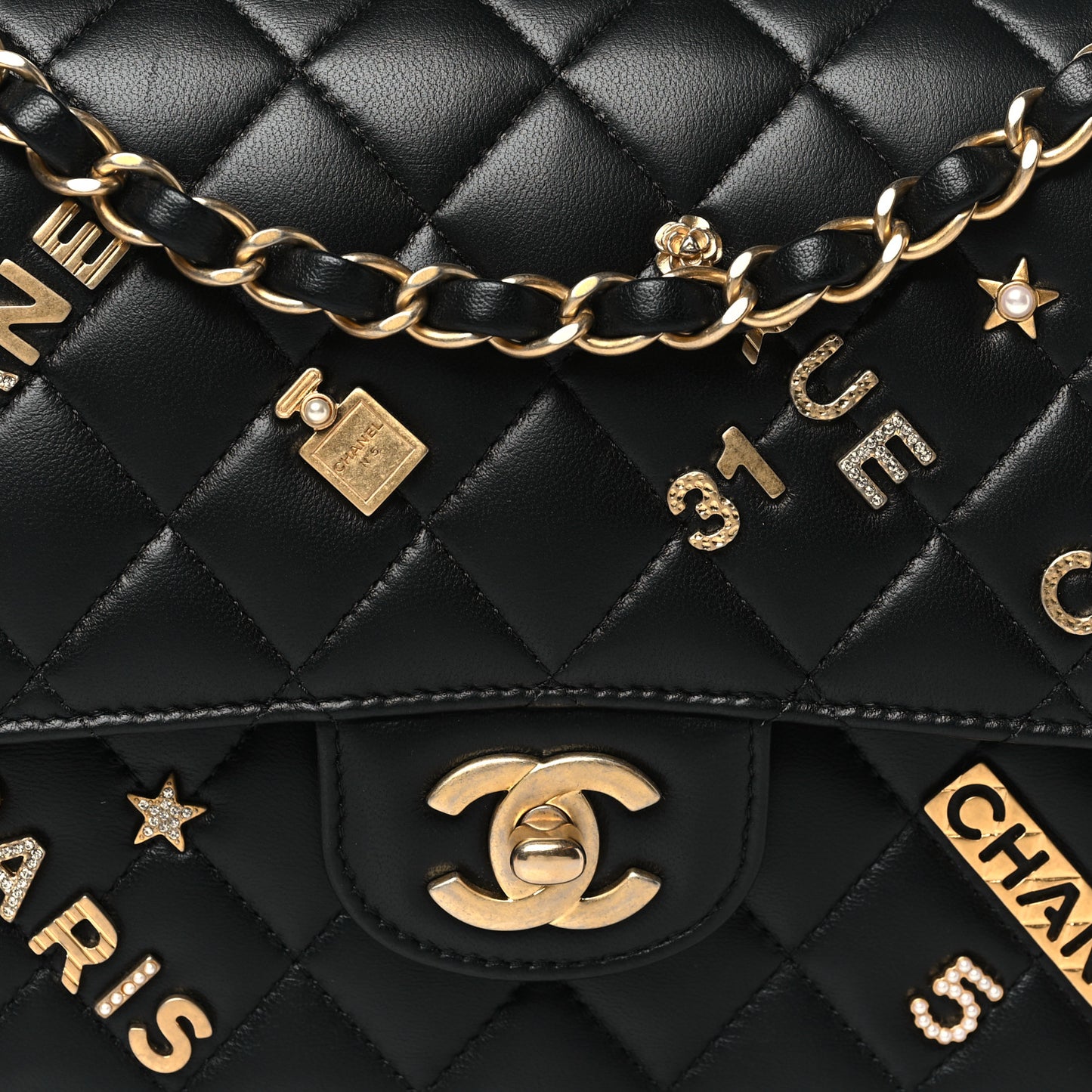 Lambskin Quilted Medium Rue Cambon Charms Double Flap Black