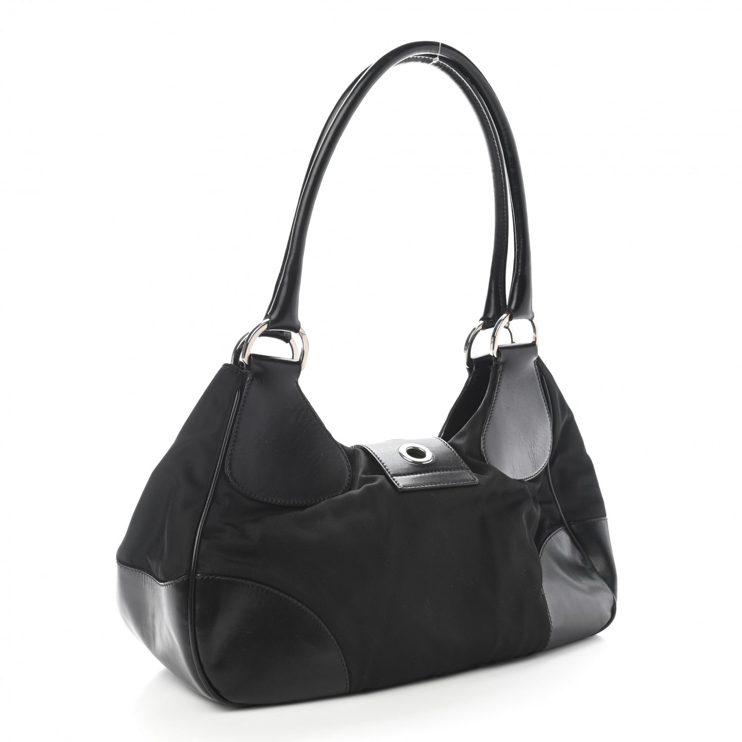 Nylon Calfskin Buckle Shoulder Bag Black
