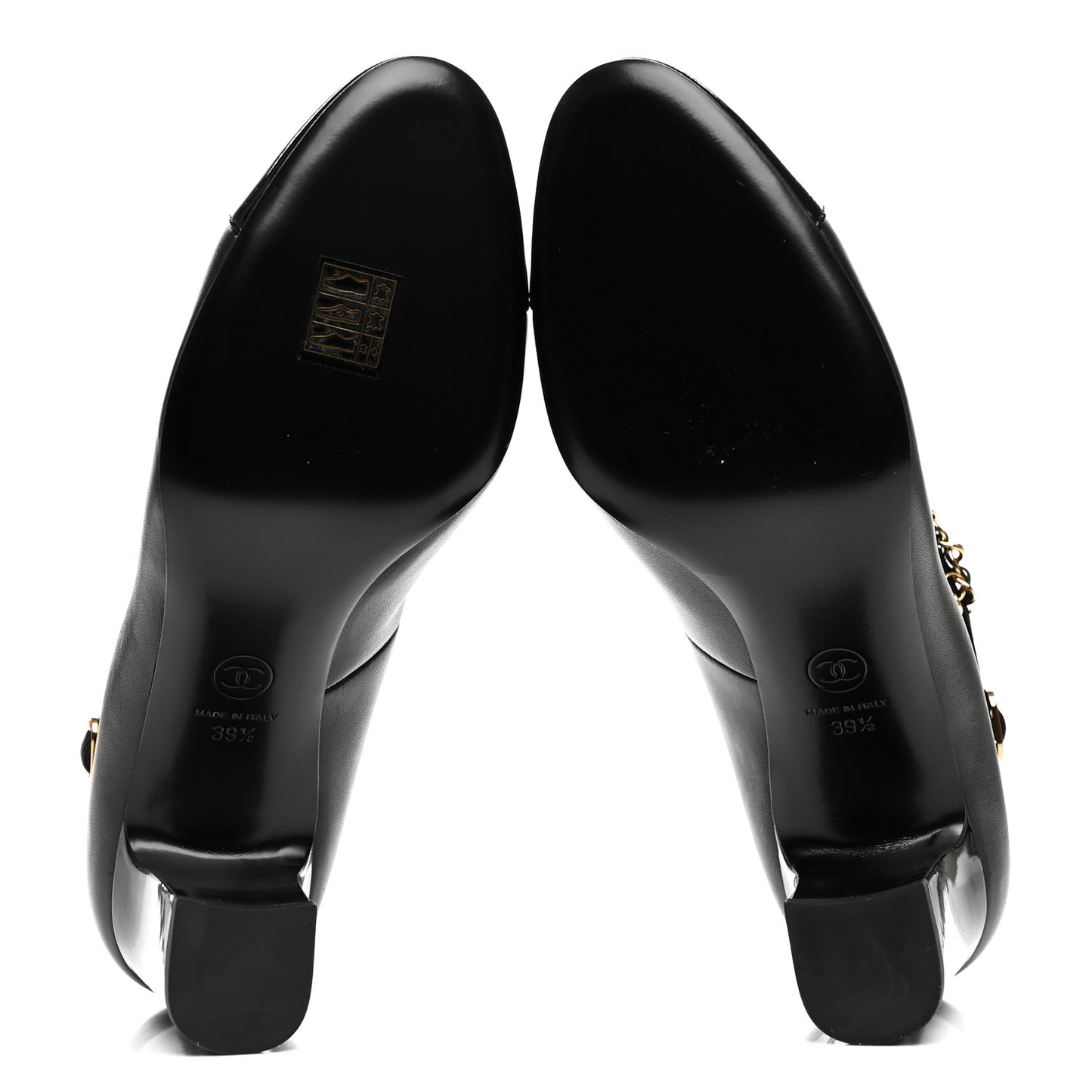 Shiny Lambskin Patent Calfskin Cap Toe Ankle Pearl Chain Pumps 39.5 Black