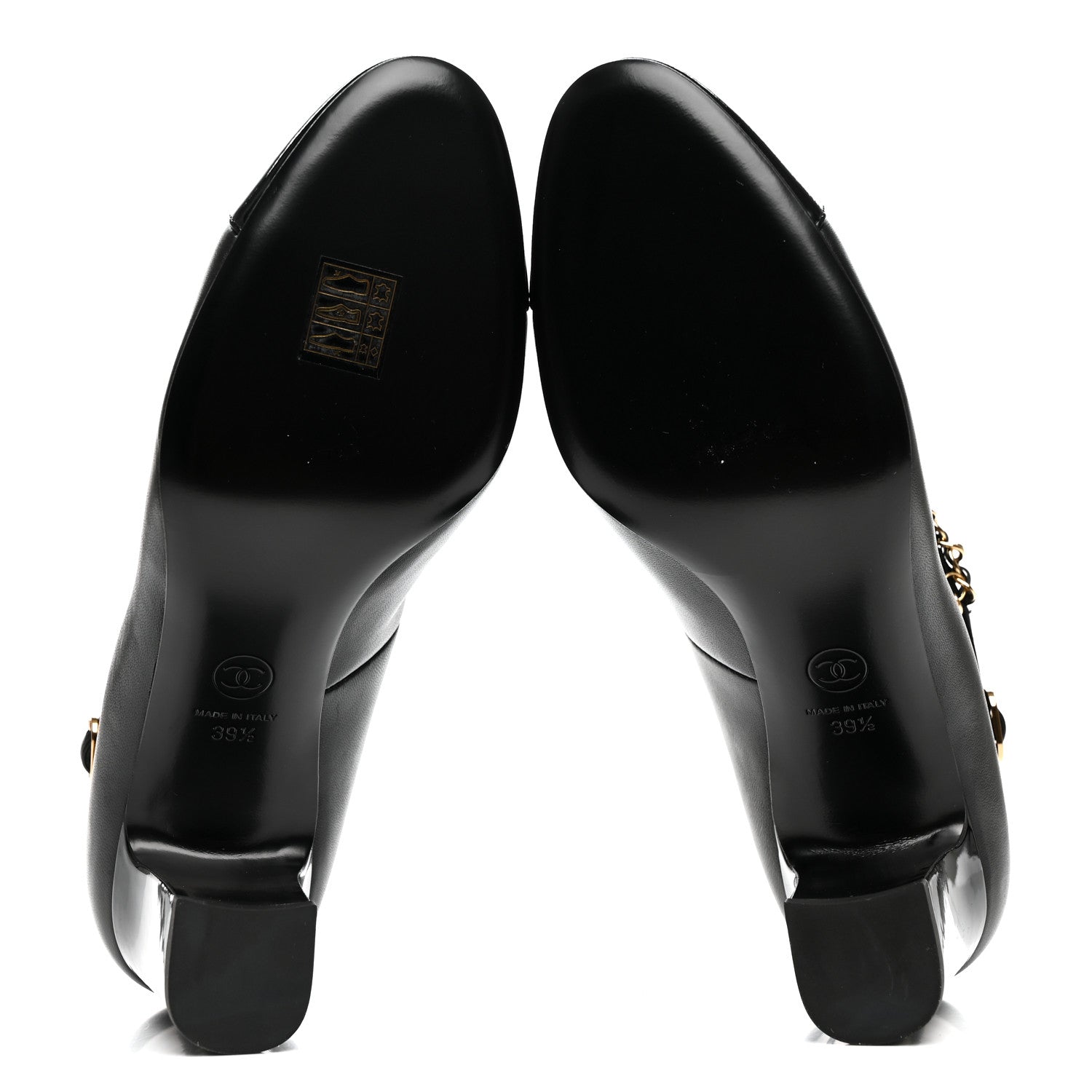 Chanel Shiny Lambskin Patent Calfskin Cap Toe Ankle Pearl Chain Pumps 39.5 Black 6 of 9