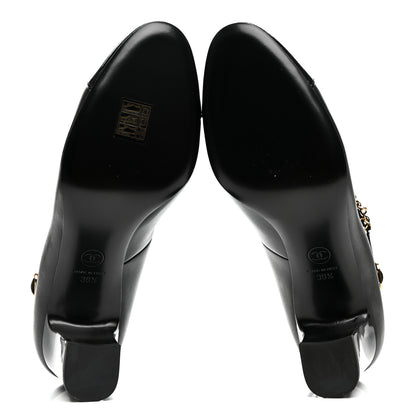 Chanel Shiny Lambskin Patent Calfskin Cap Toe Ankle Pearl Chain Pumps 39.5 Black 6 of 9