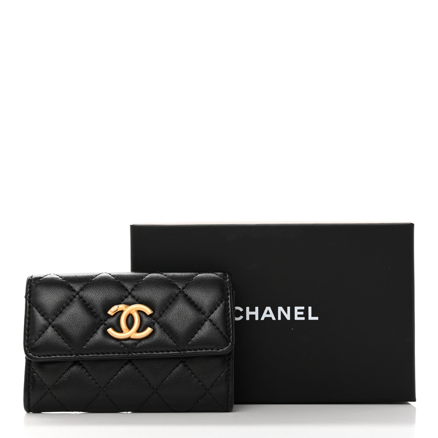 Lambskin Quilted Flap Card Holder Black